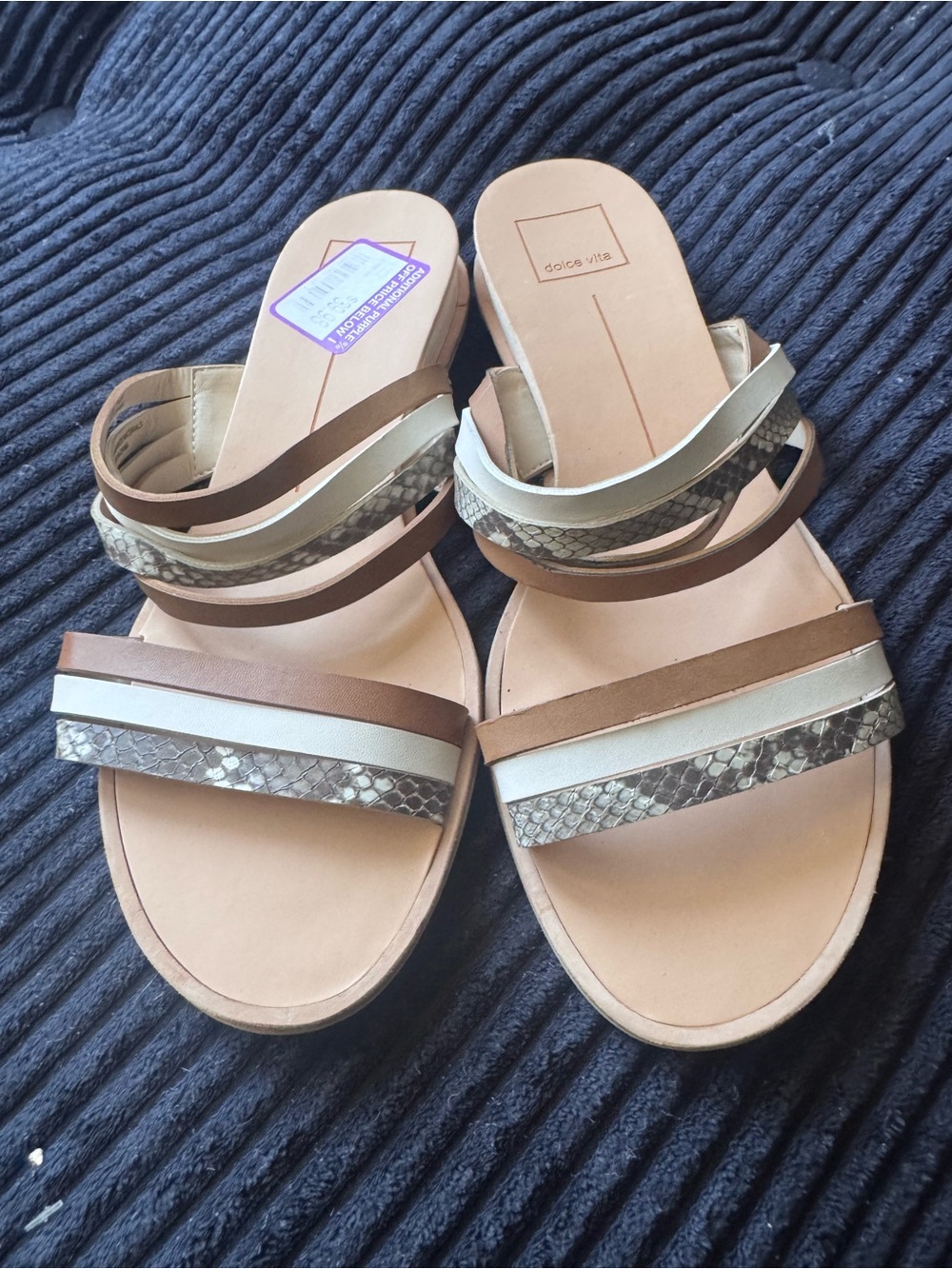 Dolce Vita Women's Brown, Tan & Metallic Snake-Print Slide Sandals size 8.5